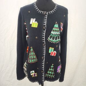 White Stag Christmas Cardigan Rich Black size M Beadwork, Embroidery, Vintage